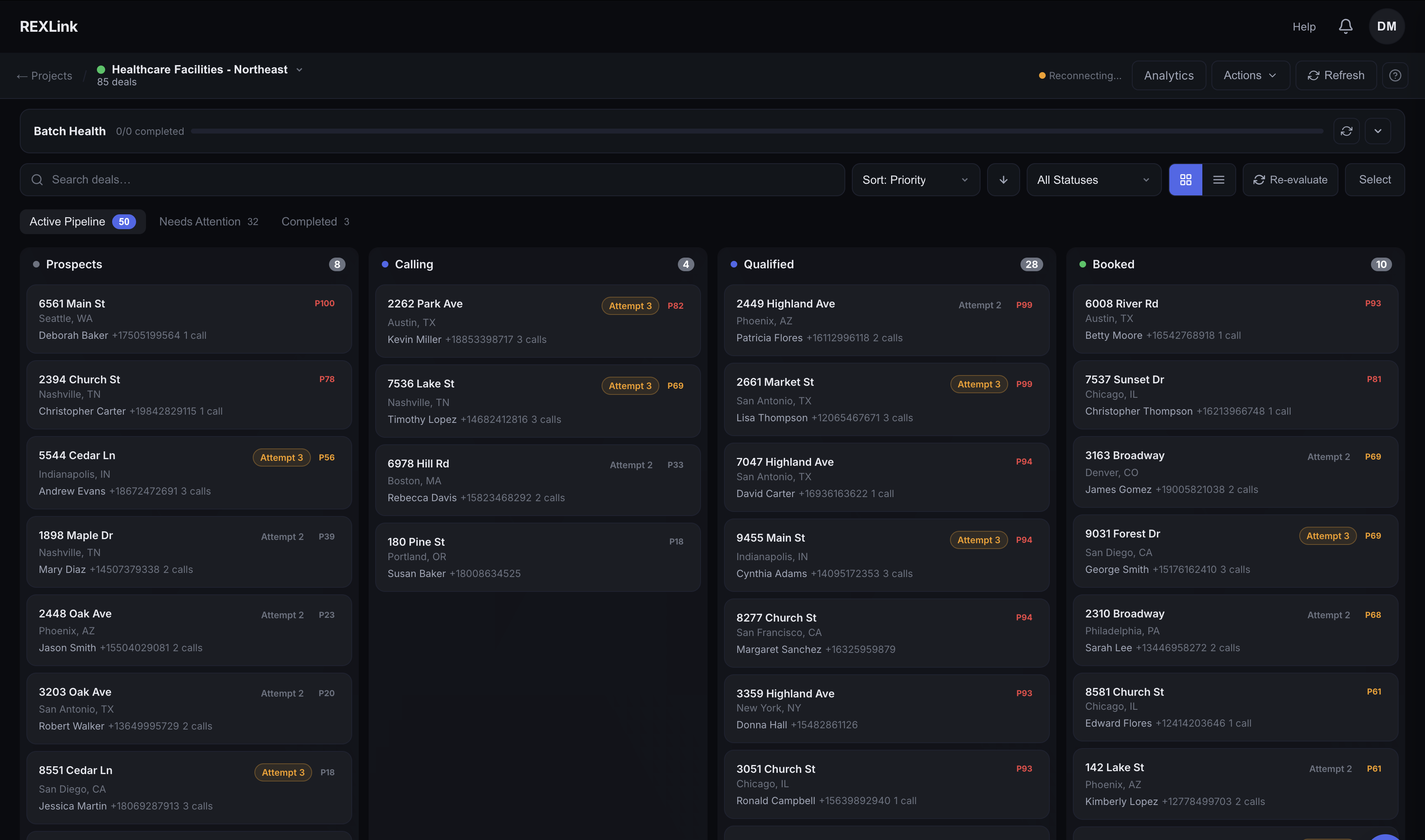 RexLink Batch Calling dashboard showing active call batches