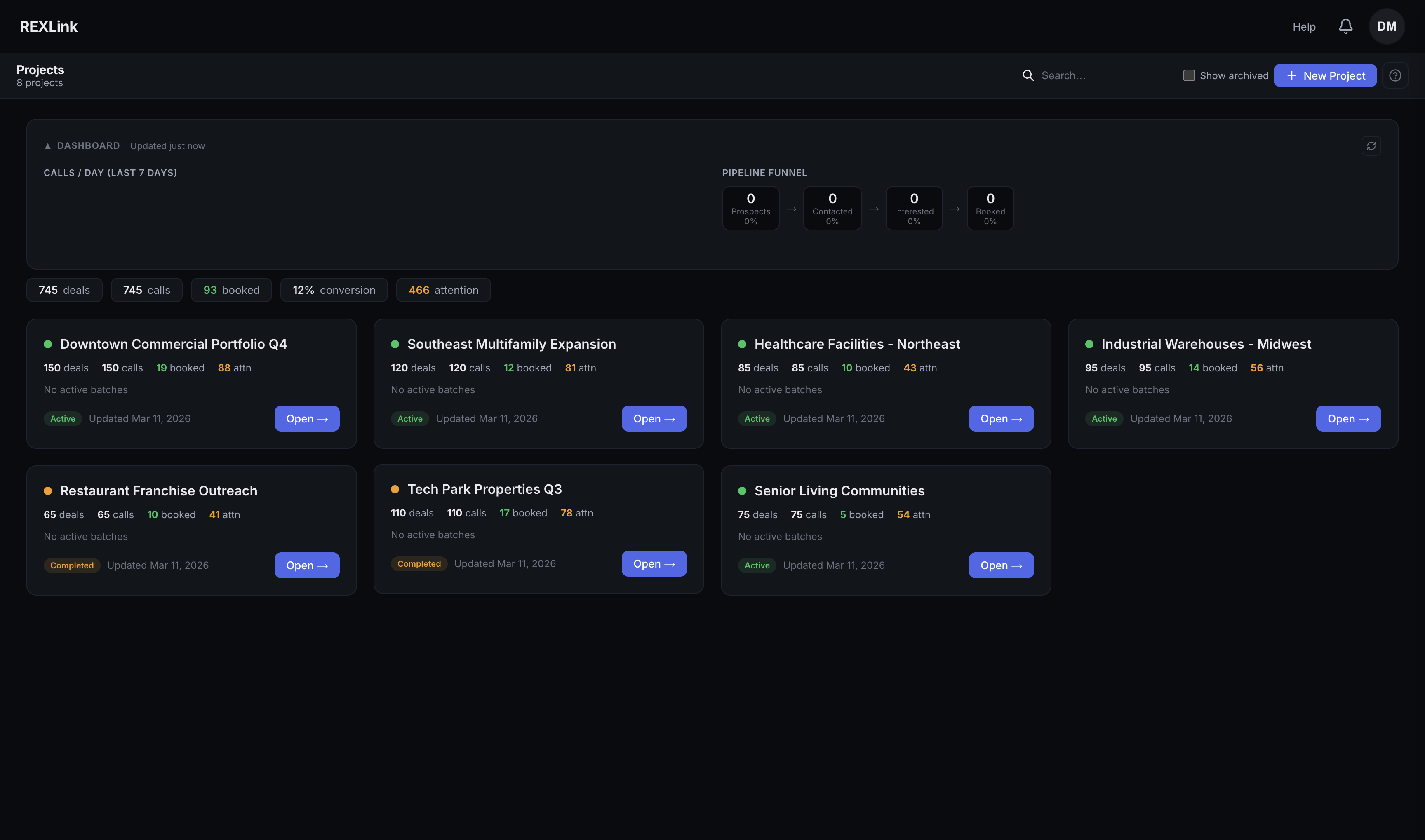 RexLink Project Hub showing multiple outreach campaigns