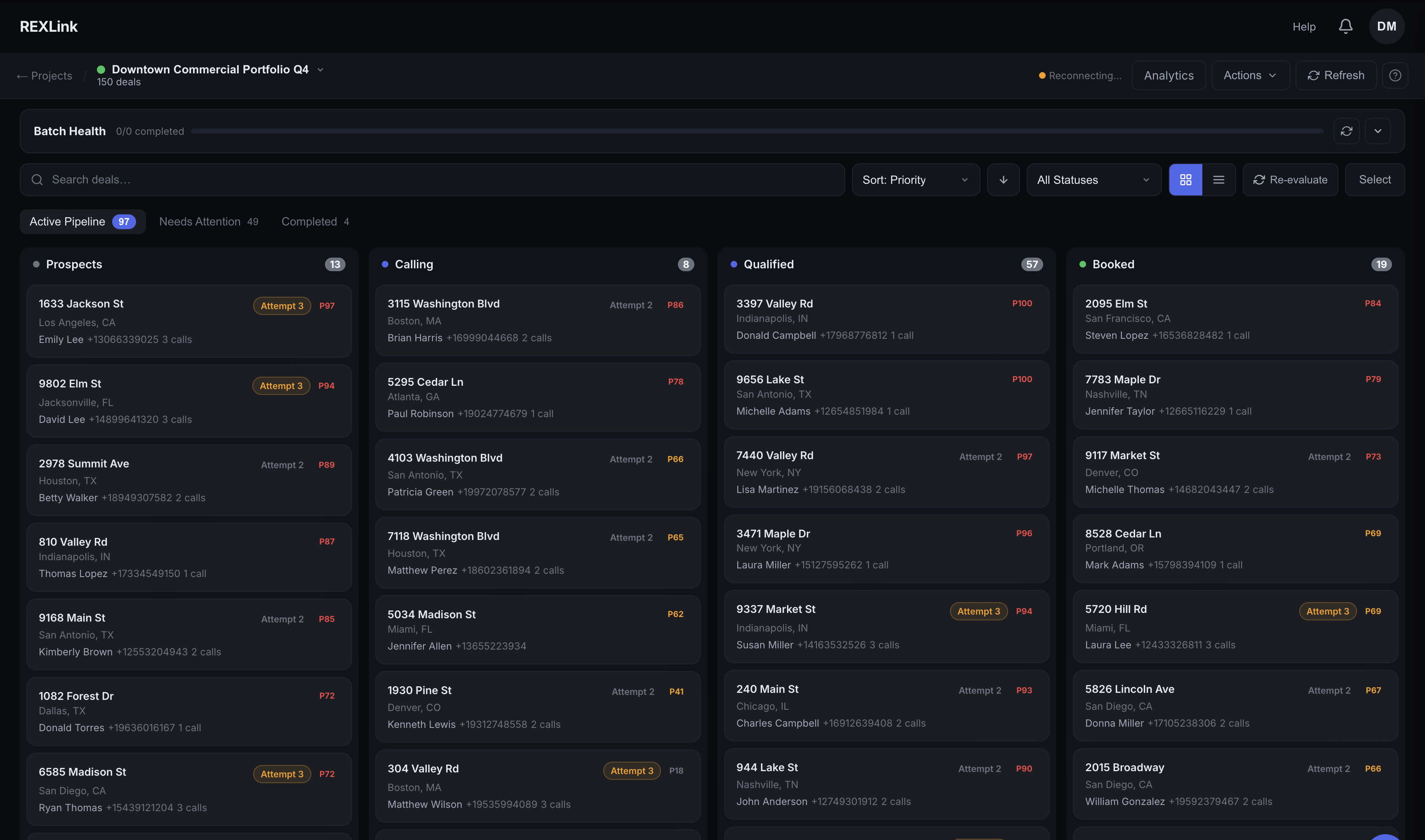RexLink Workspace — pipeline board with deals moving through stages